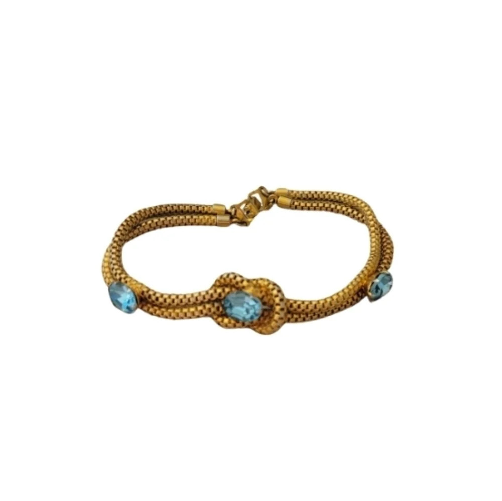 Vintage Two Strand Wheat Chain  Bracelet with Blue Stones